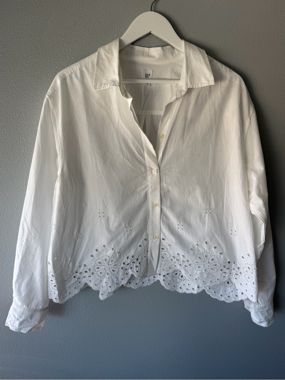 Gap white 100% cotton eyelet lace cropped boxy long sleeve button down top sz L